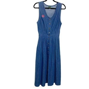 VINTAGE 90s jean maxi dress button down with embroidered rose MANOR HOUSE